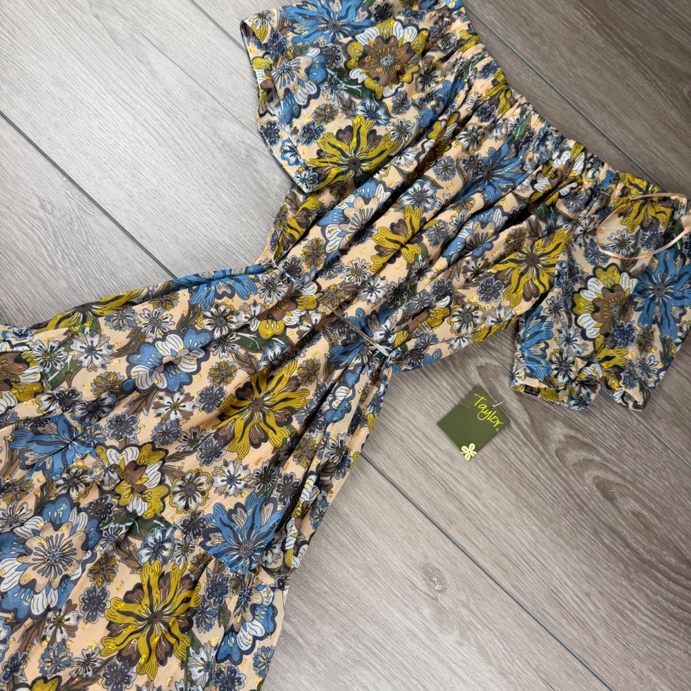 Taylor Women Dress Off Shoulder Floral Gold Lurex Blue Saga Multi 12